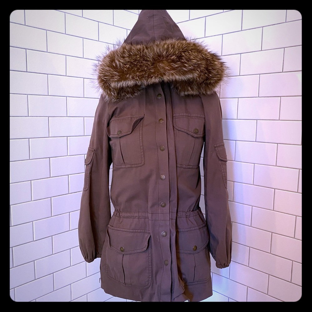 Alice+Olivia Green/Brown Coat, Fur Hood & Vest, XS
